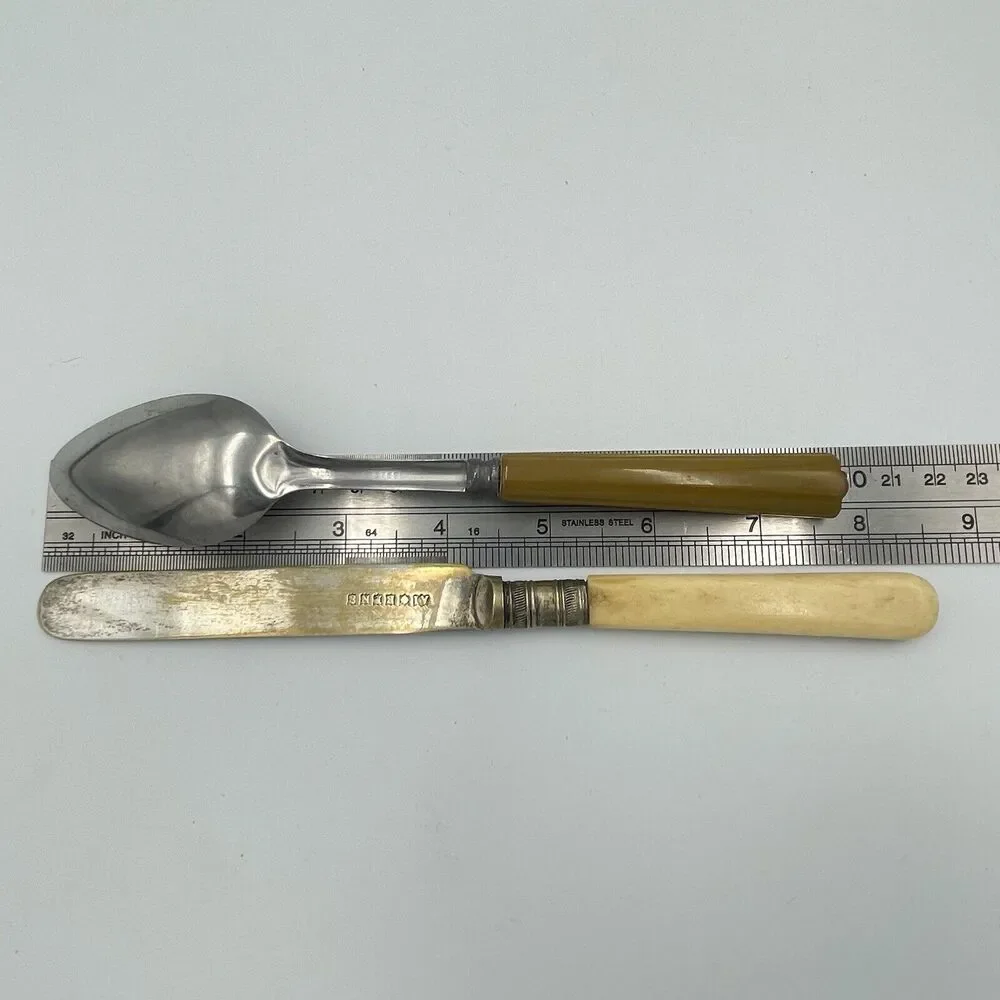 Vintage Bakelite Handle Flatware LOT Knife Fork Spoon Butterscotch Cream Brown